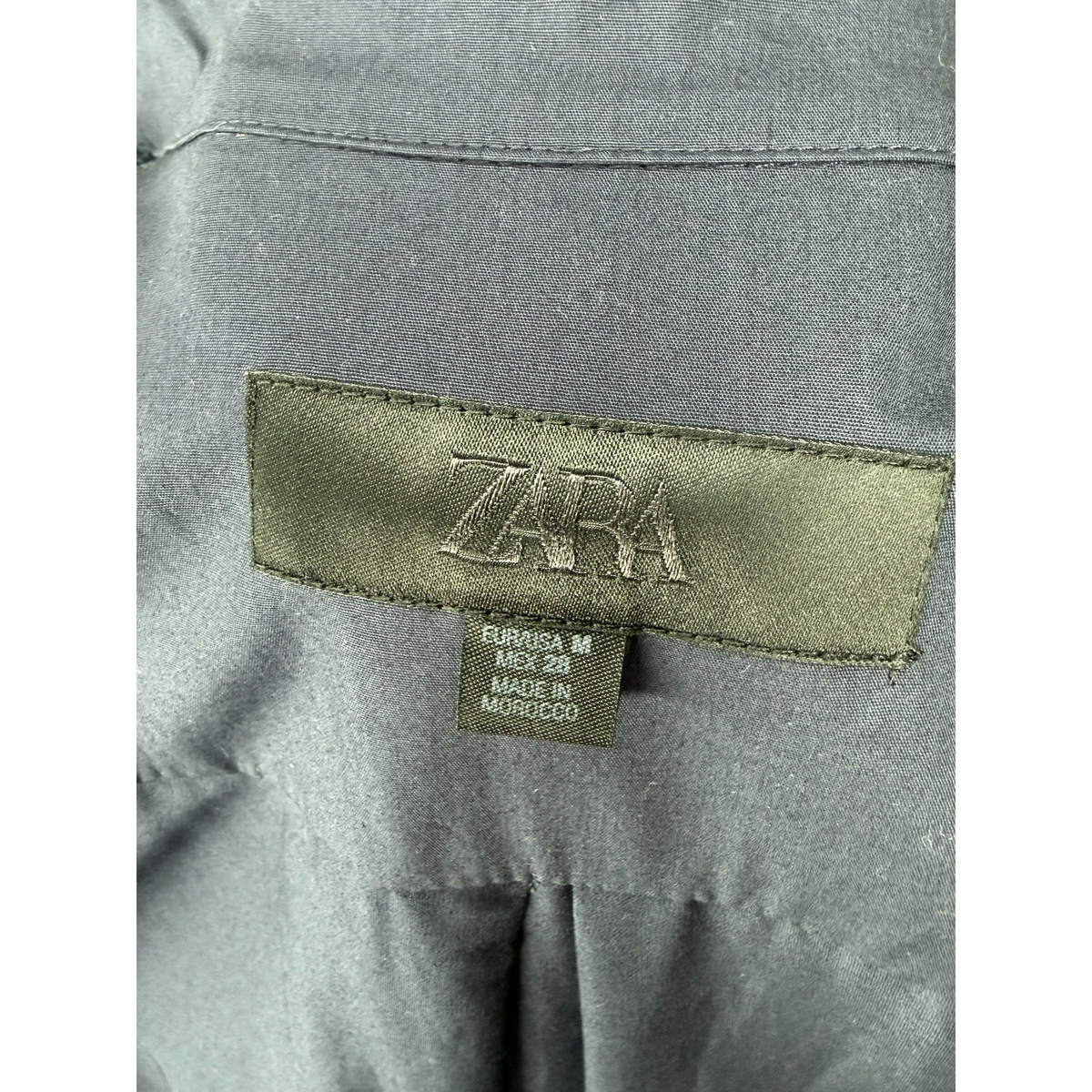Style Reset ZARA navy midi shirt dress fabric label detail showing size M and made in Morocco tag