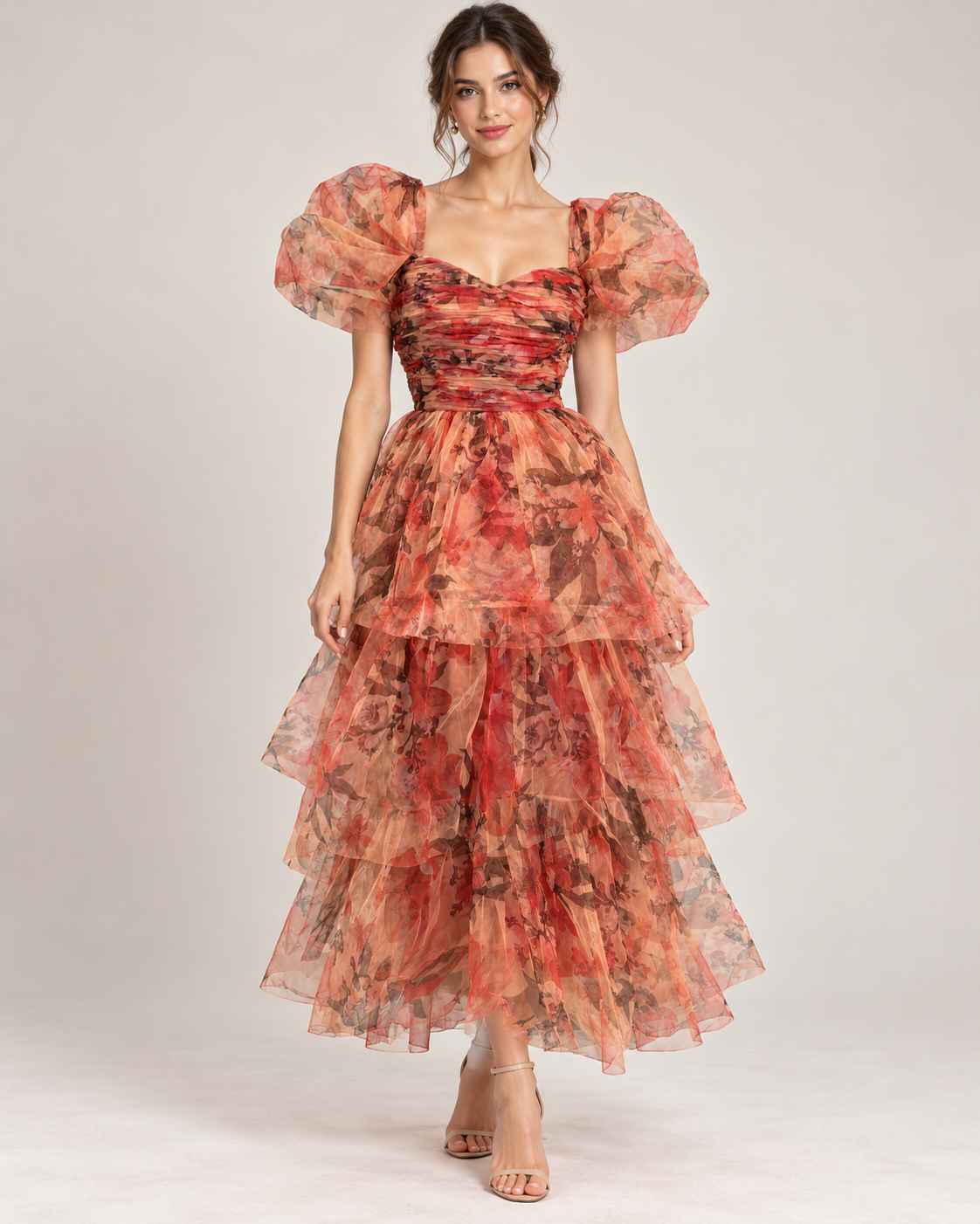 LACE & BEADS Floral Print Tulle Tiered Midi Dress Size UK 12