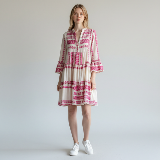 Devotion Twins Bohemian Style Tiered Embroidered Mini Dress One Size