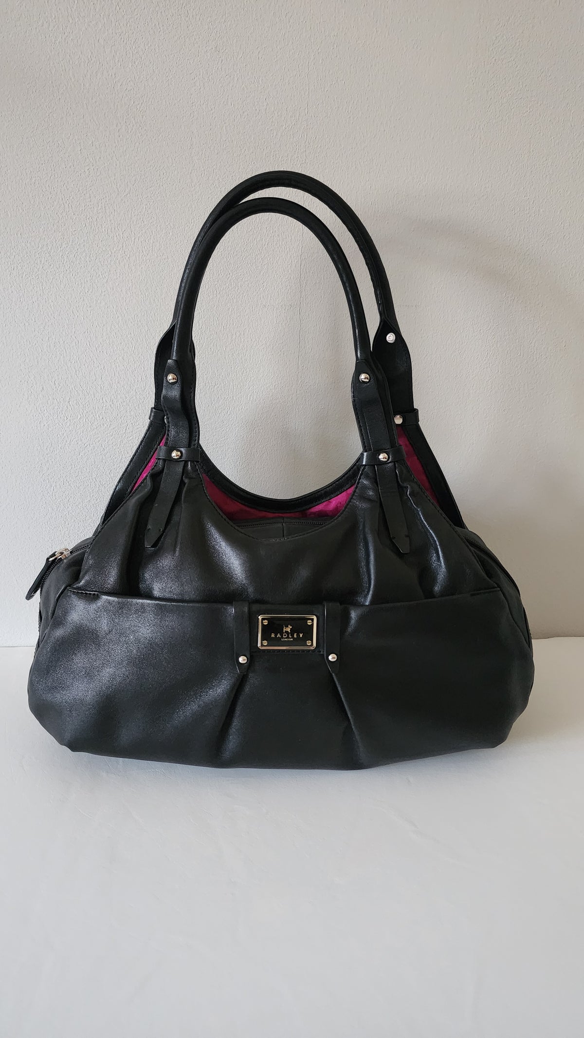 Radley London Black Leather Hobo Shoulder Bag Pink Lining