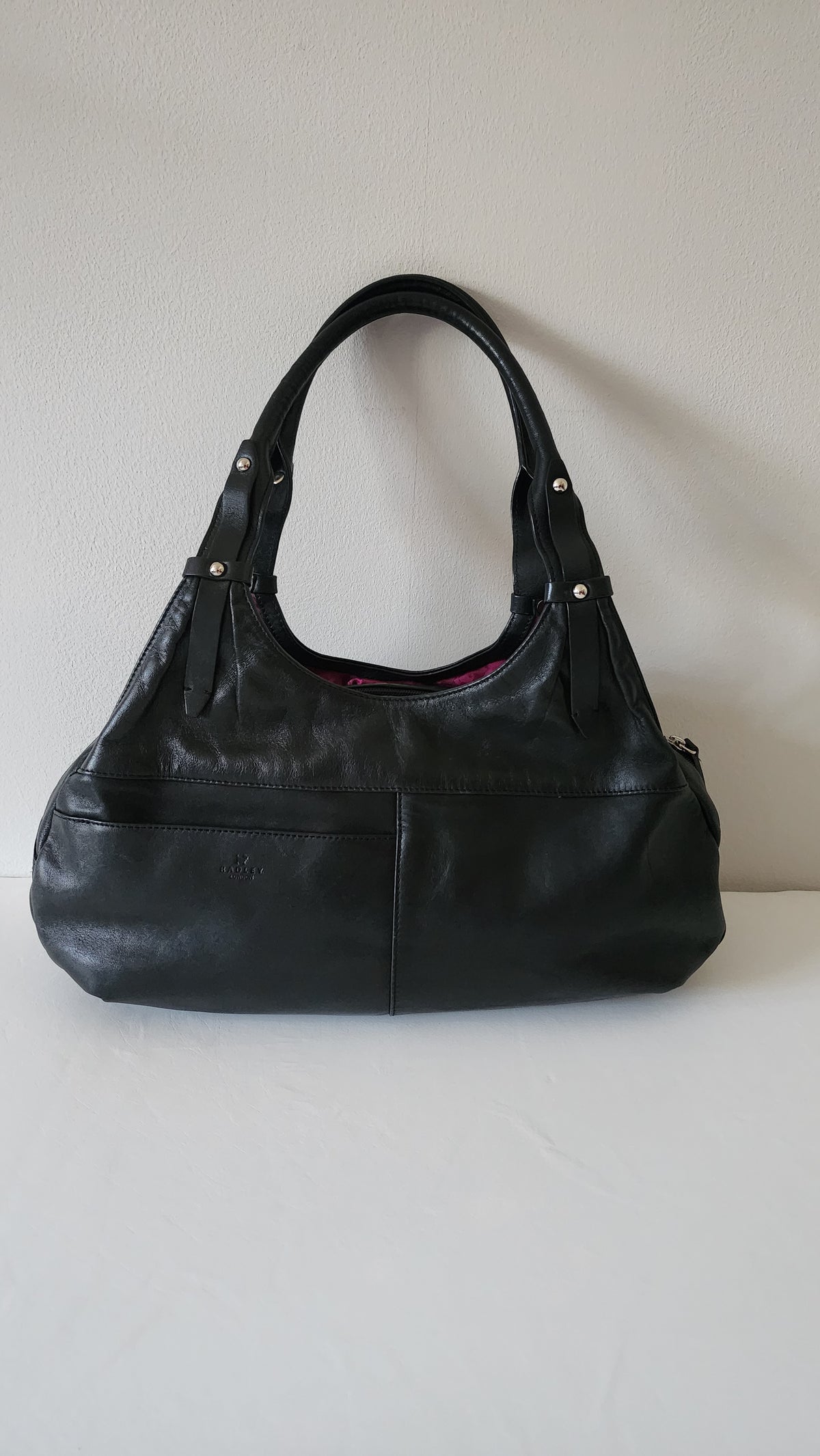 Radley London Black Leather Hobo Shoulder Bag Pink Lining