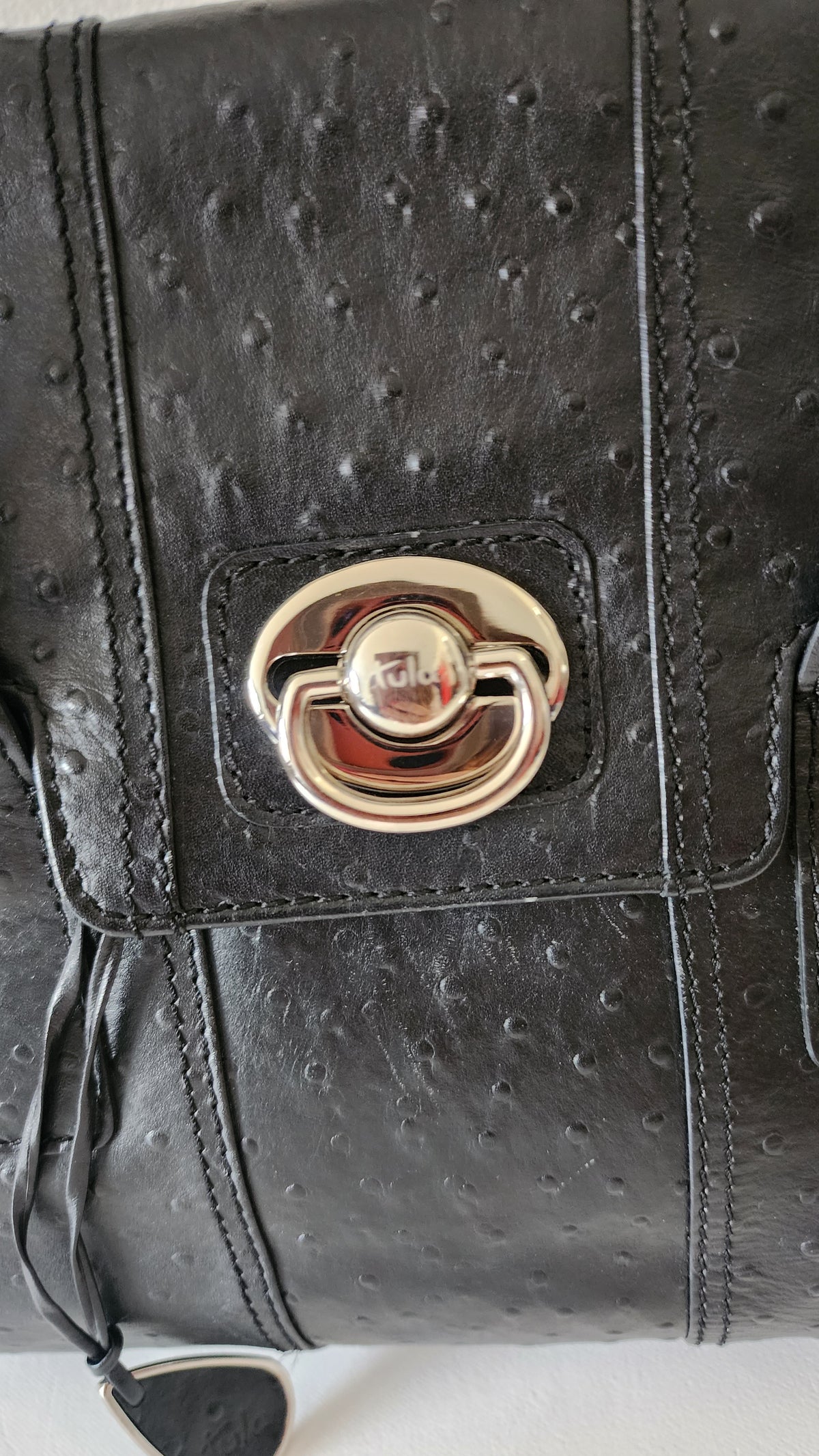 Tula Black Leather Shoulder Bag Ostrich Embossed Texture