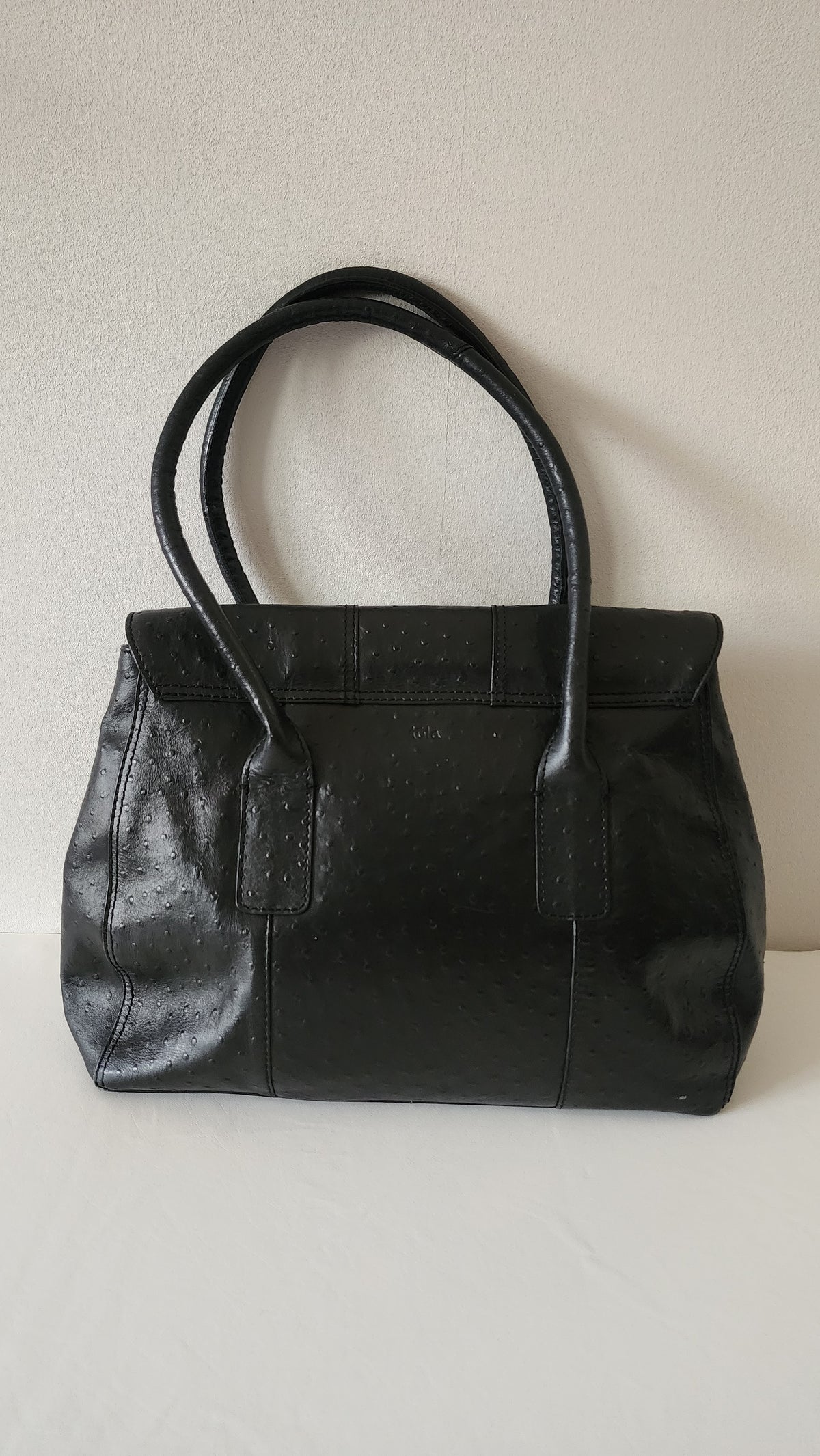 Tula Black Leather Shoulder Bag Ostrich Embossed Texture