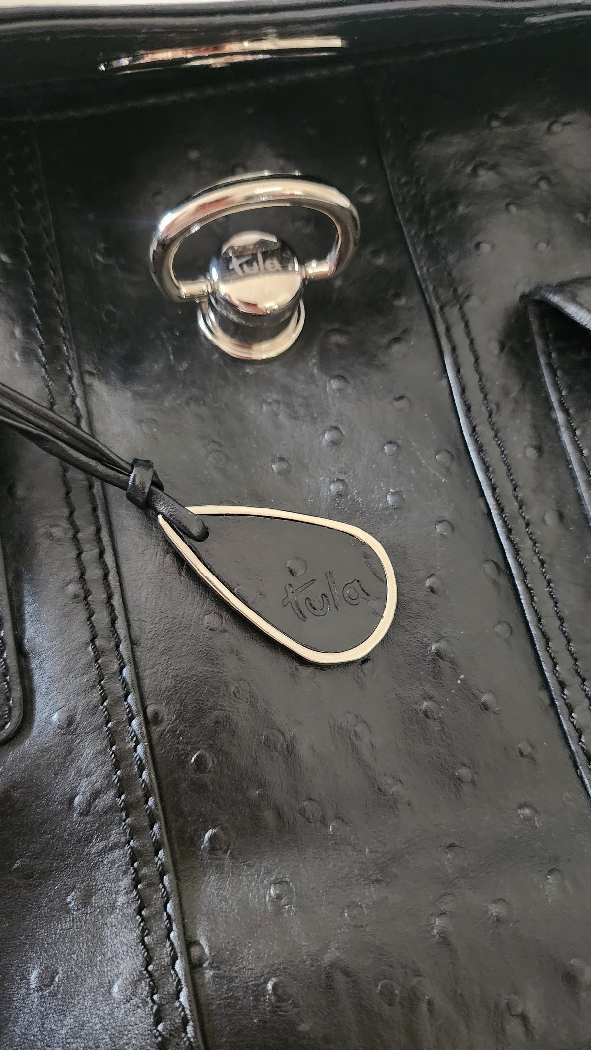 Tula Black Leather Shoulder Bag Ostrich Embossed Texture