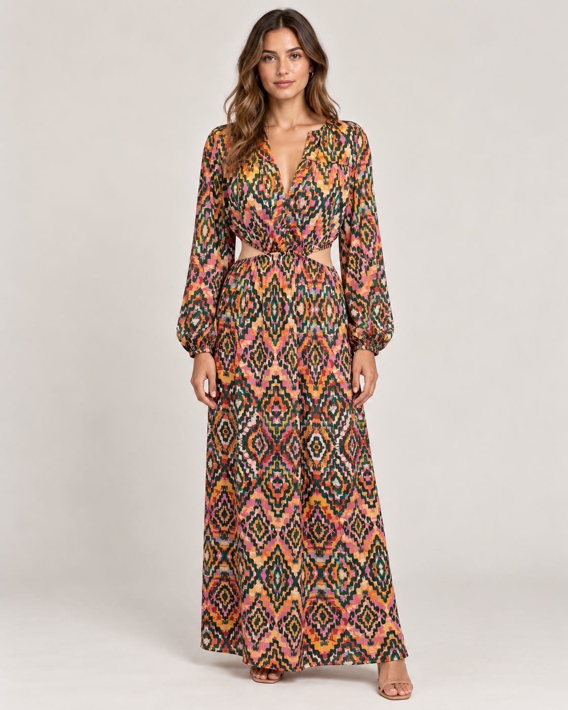 Zara Printed Long Sleeve Cut Out Maxi Dress Size M