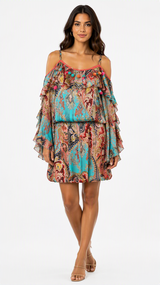 My Story Paris Paisley Print Ruffle Detail Summer Dress One Size