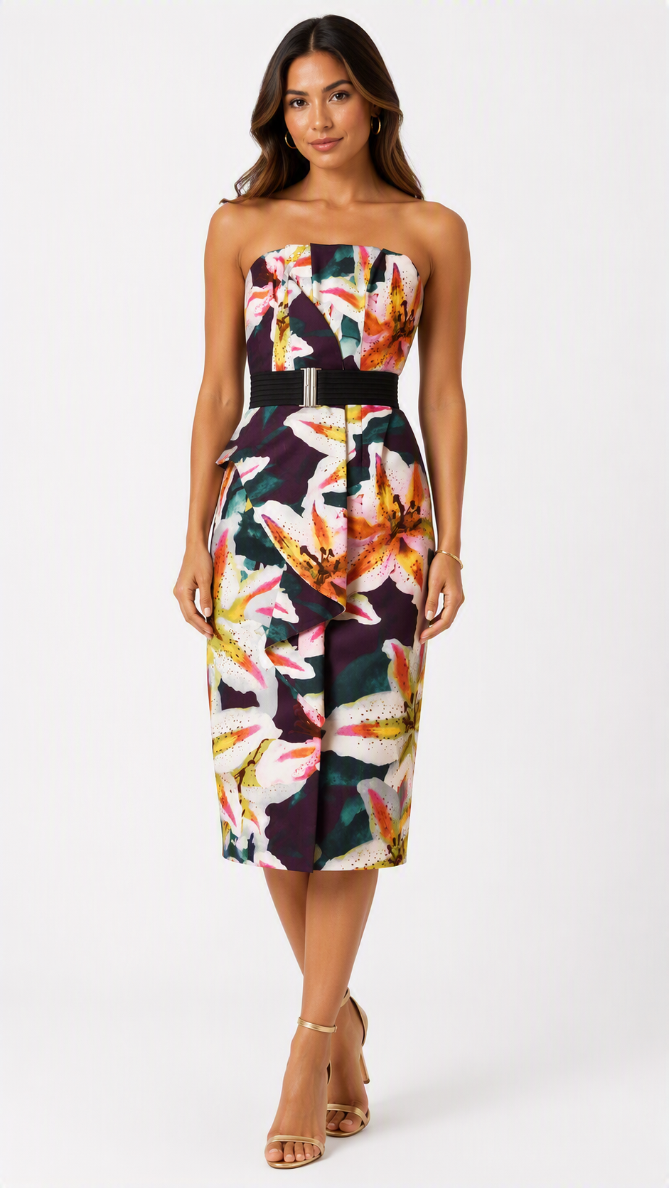 Karen Millen Floral Strapless Belted Dress UK 6