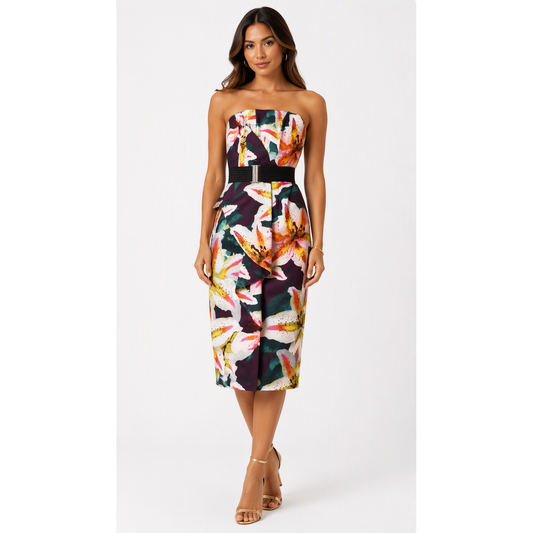 Karen Millen Floral Strapless Belted Dress UK 6