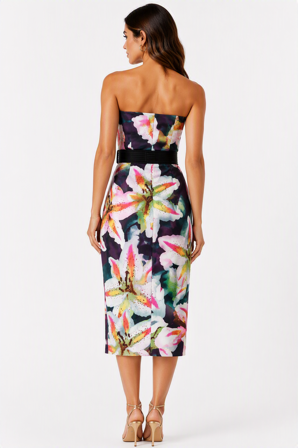 Karen Millen Floral Strapless Belted Dress UK 6