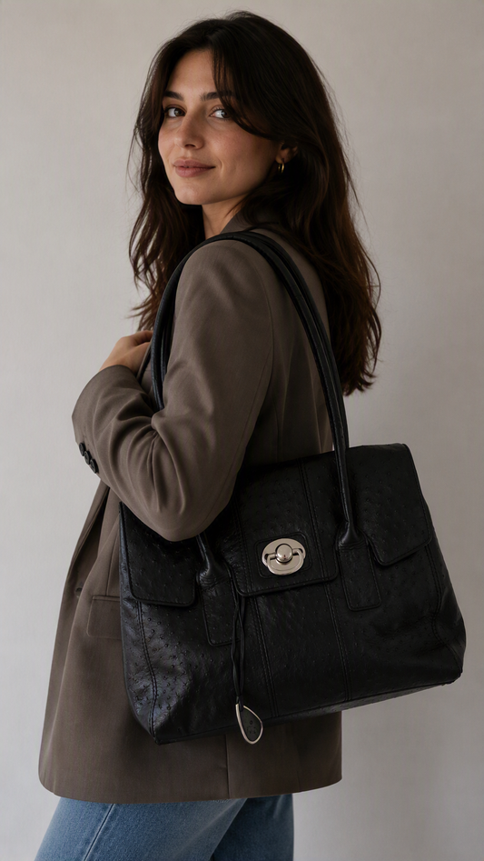 Tula Black Leather Shoulder Bag Ostrich Embossed Texture