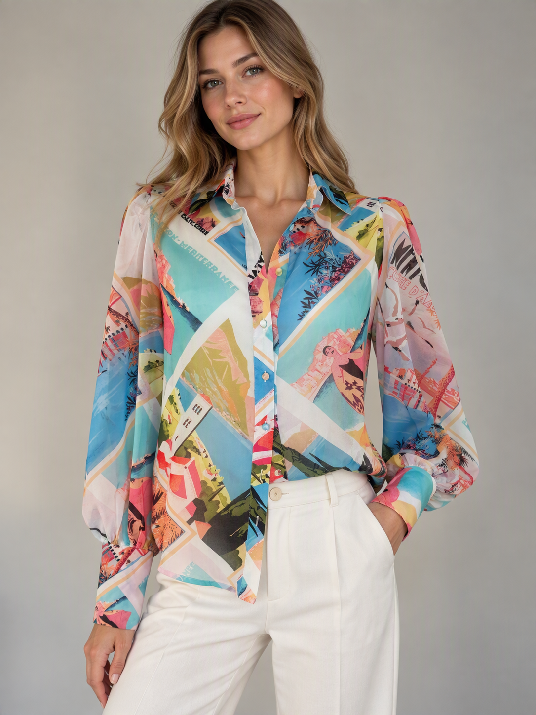 RNWY Long Sleeve Button Down Graphic Print Collared Blouse Size XS