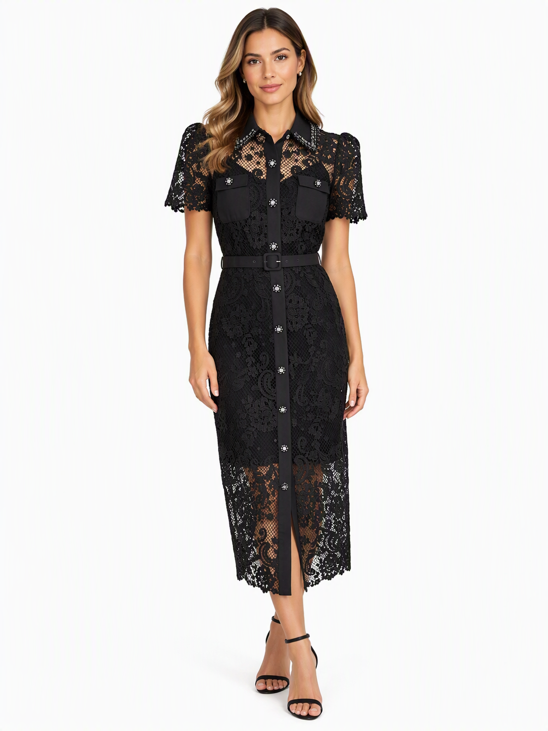 Self Portrait Black Lace Contrast Collar Midi Dress Size 12