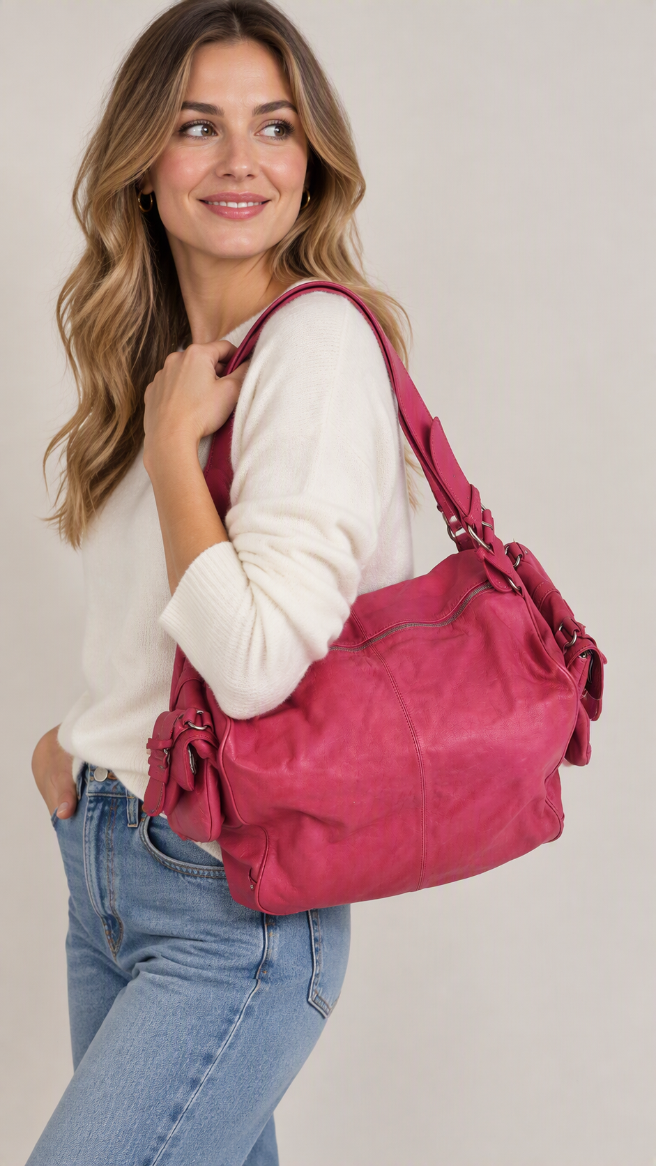 Vanessa Bruno Large Leather Lune 48H Duffle Holdall Magenta Pink