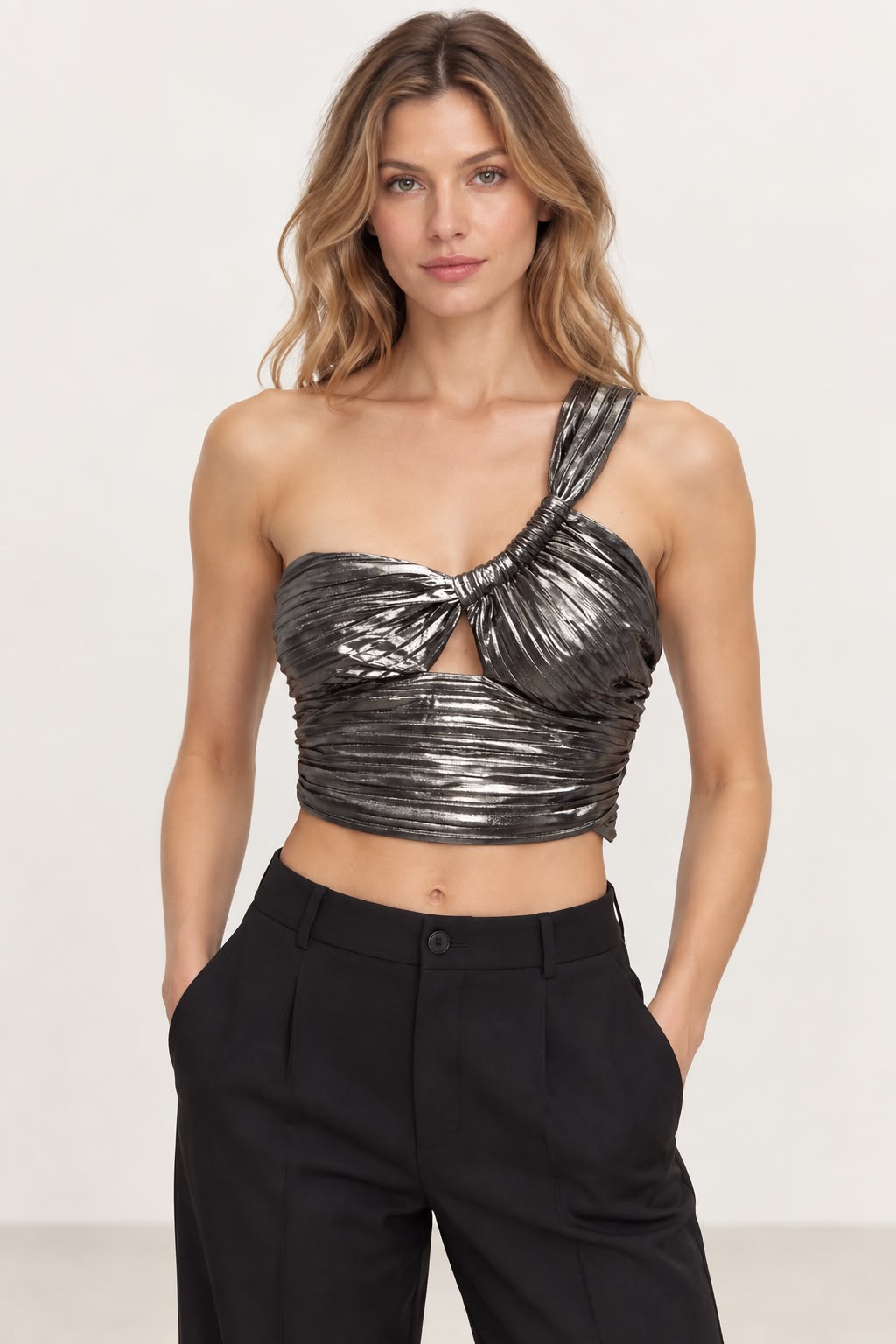 Zara Metallic One Shoulder Ruched Crop Top Size XS