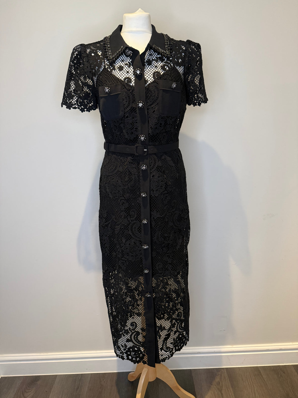 Self Portrait Black Lace Contrast Collar Midi Dress Size 12