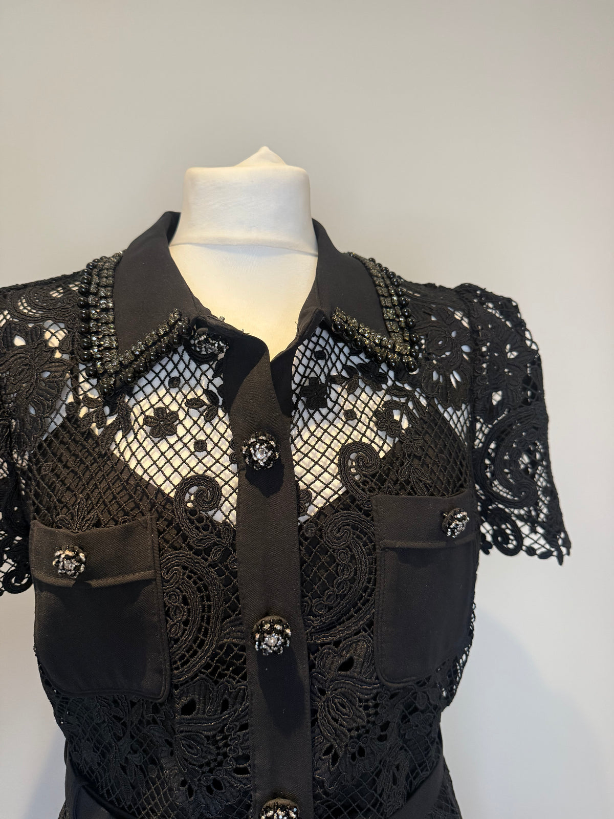 Self Portrait Black Lace Contrast Collar Midi Dress Size 12