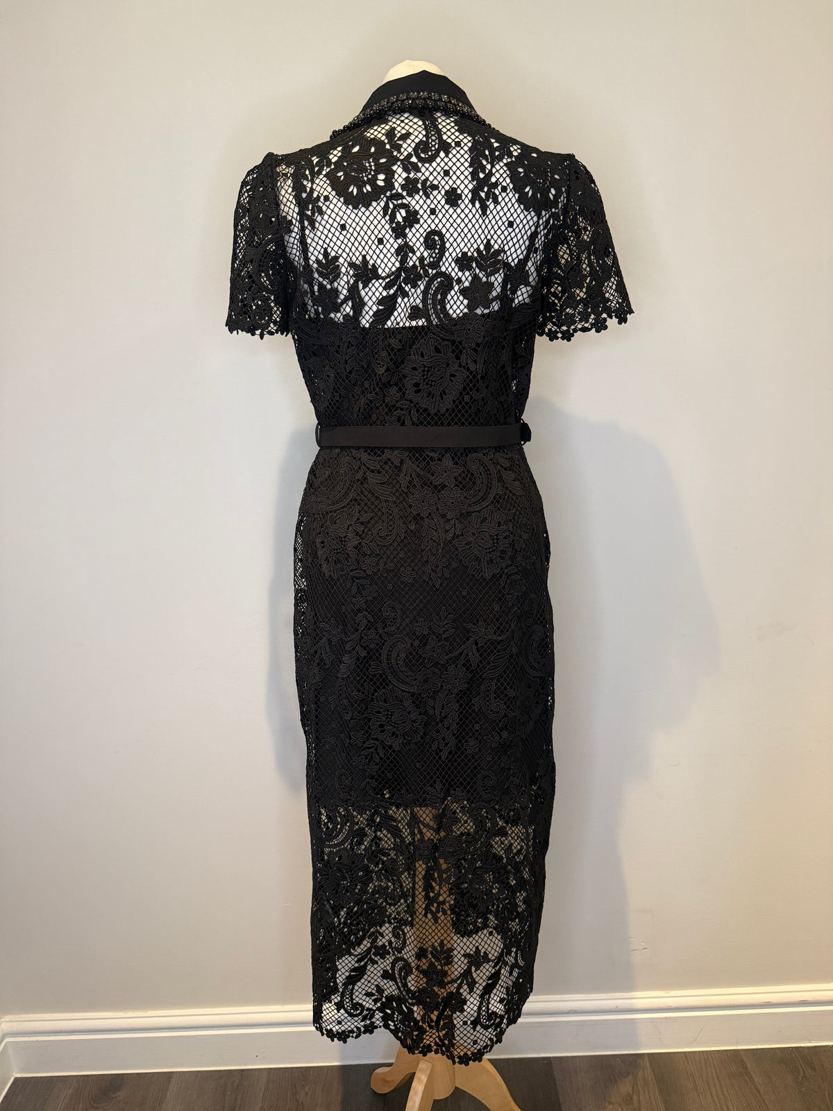 Self Portrait Black Lace Contrast Collar Midi Dress Size 12