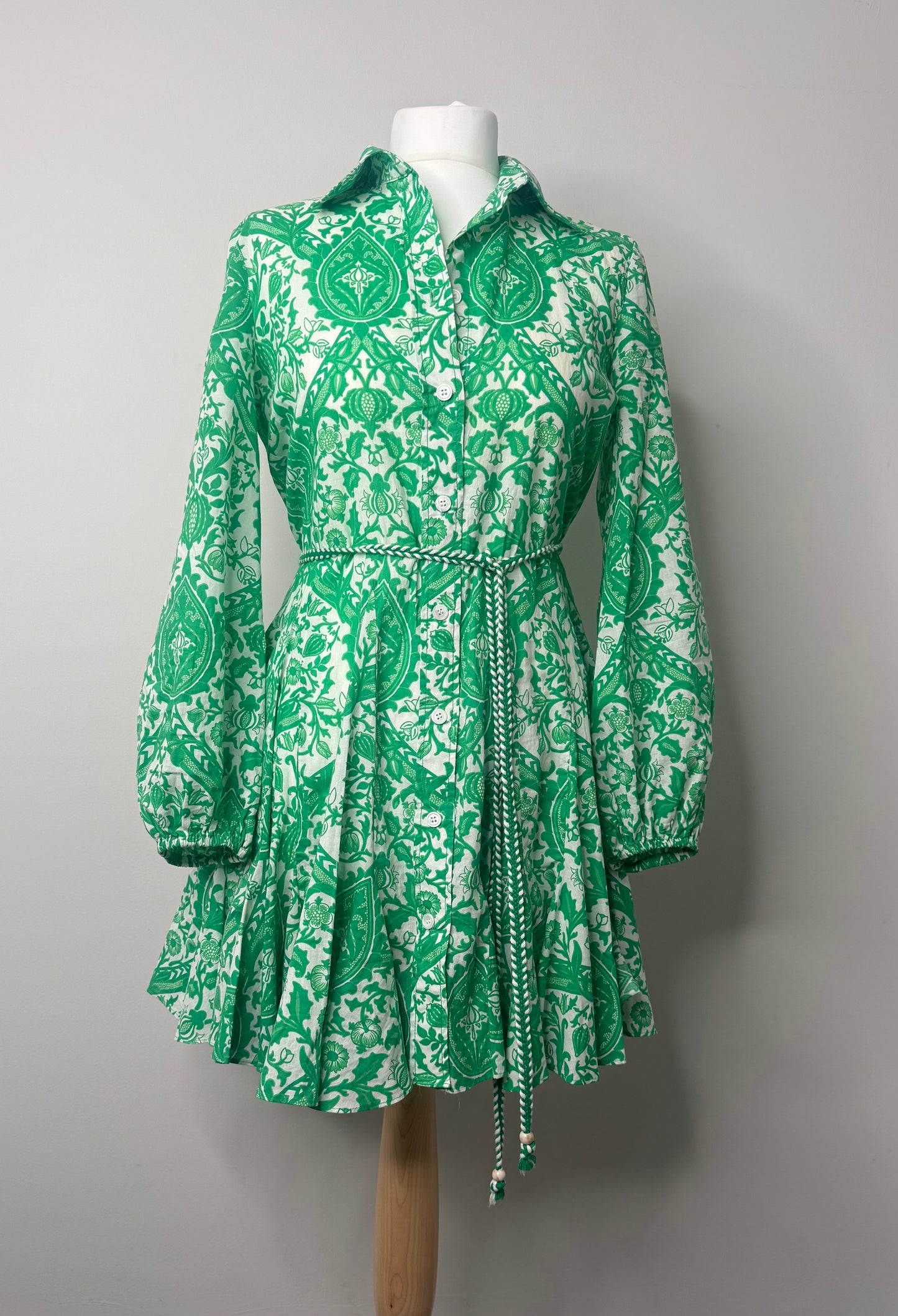 Zara Green & White Mini Belted Dress Size XS