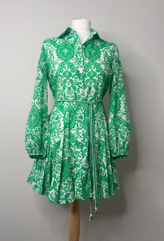 Zara Green & White Mini Belted Dress Size XS