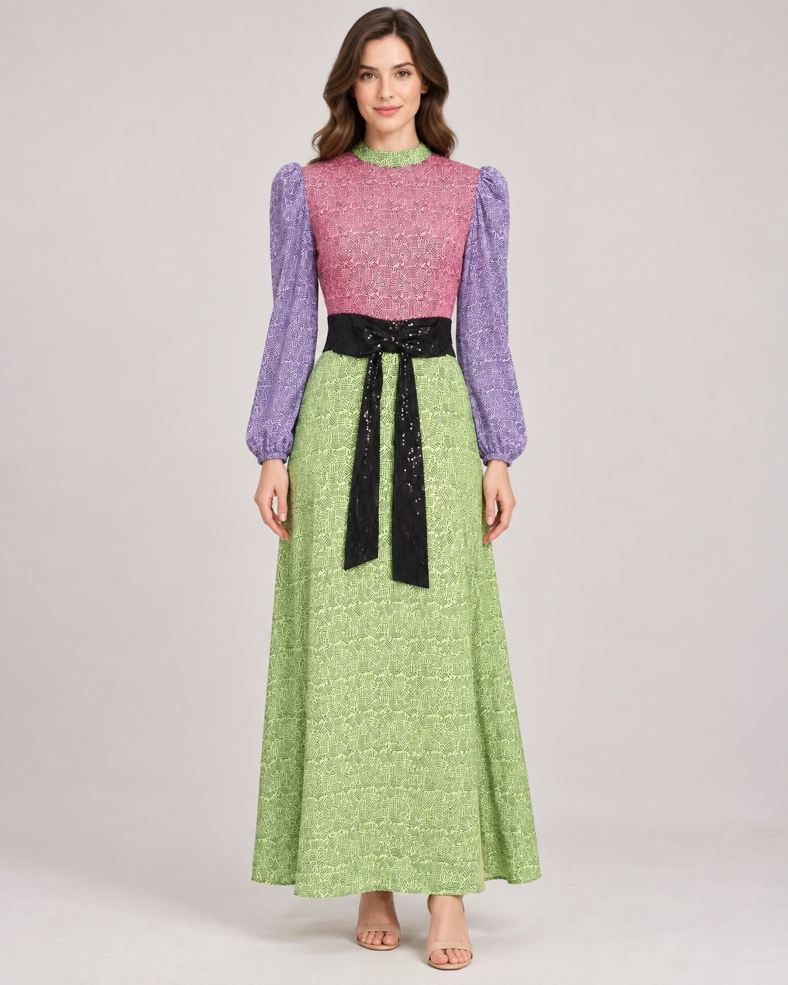 Olivia Rubin Long Sleeve Patterned Silk Maxi Dress Size UK 12