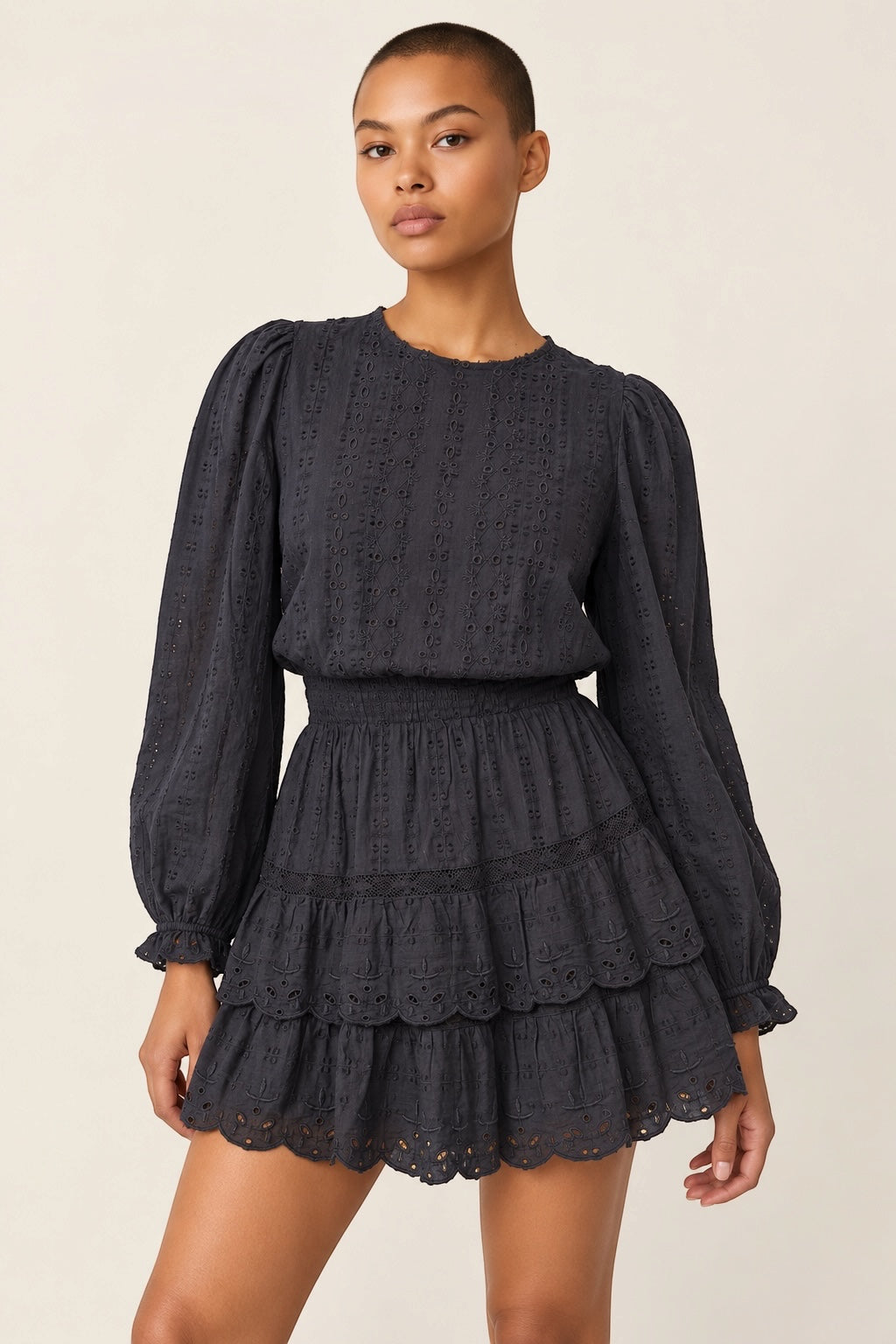 Zara Long Sleeve Tiered Eyelet Mini Dress Size UK Small