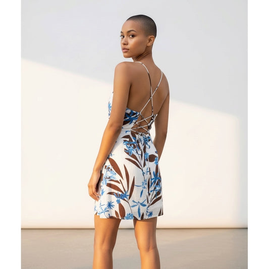 ZARA Floral Print Lace Up Back Mini Dress Size S
