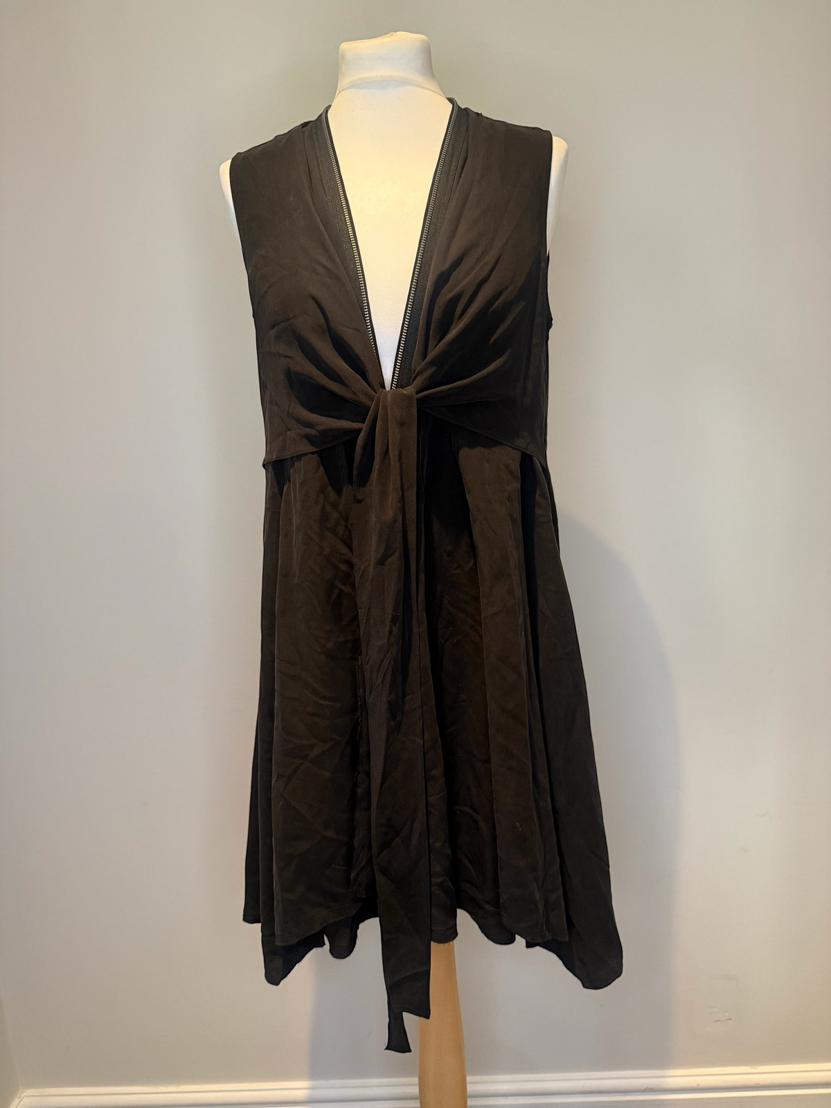 Style Reset AllSaints black silk sleeveless midi dress featuring a front zip and central tie-front detail on a mannequin