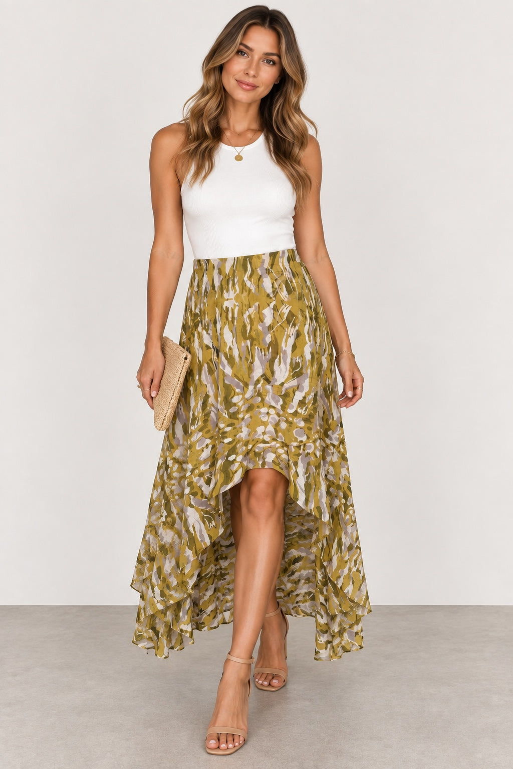 Style Reset model wearing an AllSaints olive, mustard, and grey abstract print high-low maxi skirt with a white top.
