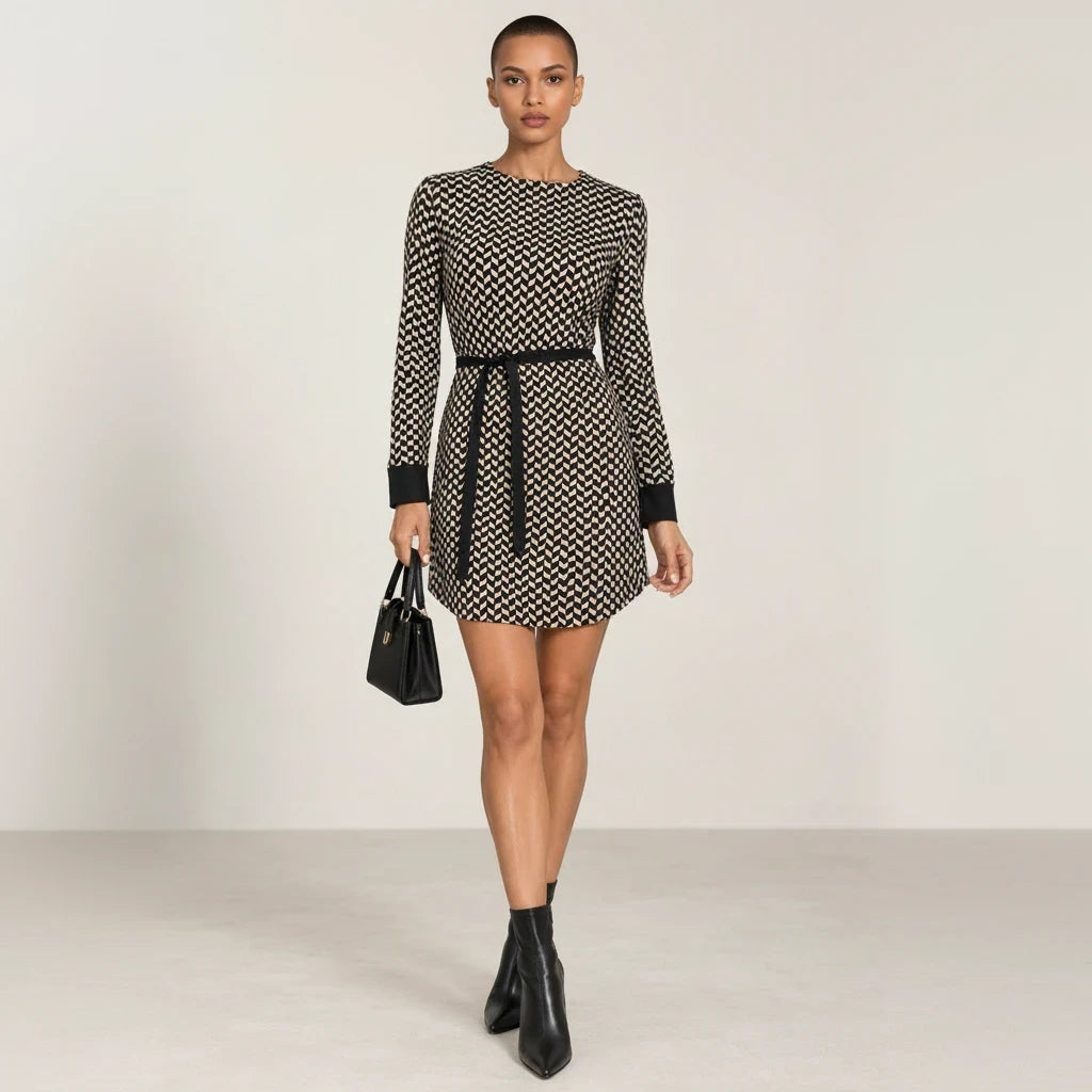 Model wearing a Style Reset Armani Exchange black and cream patterned long-sleeve mini dress with a waist tie belt.
