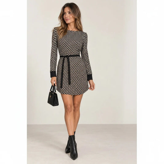 Style Reset Armani Exchange black and cream patterned long-sleeve mini dress with a belted waist on a model