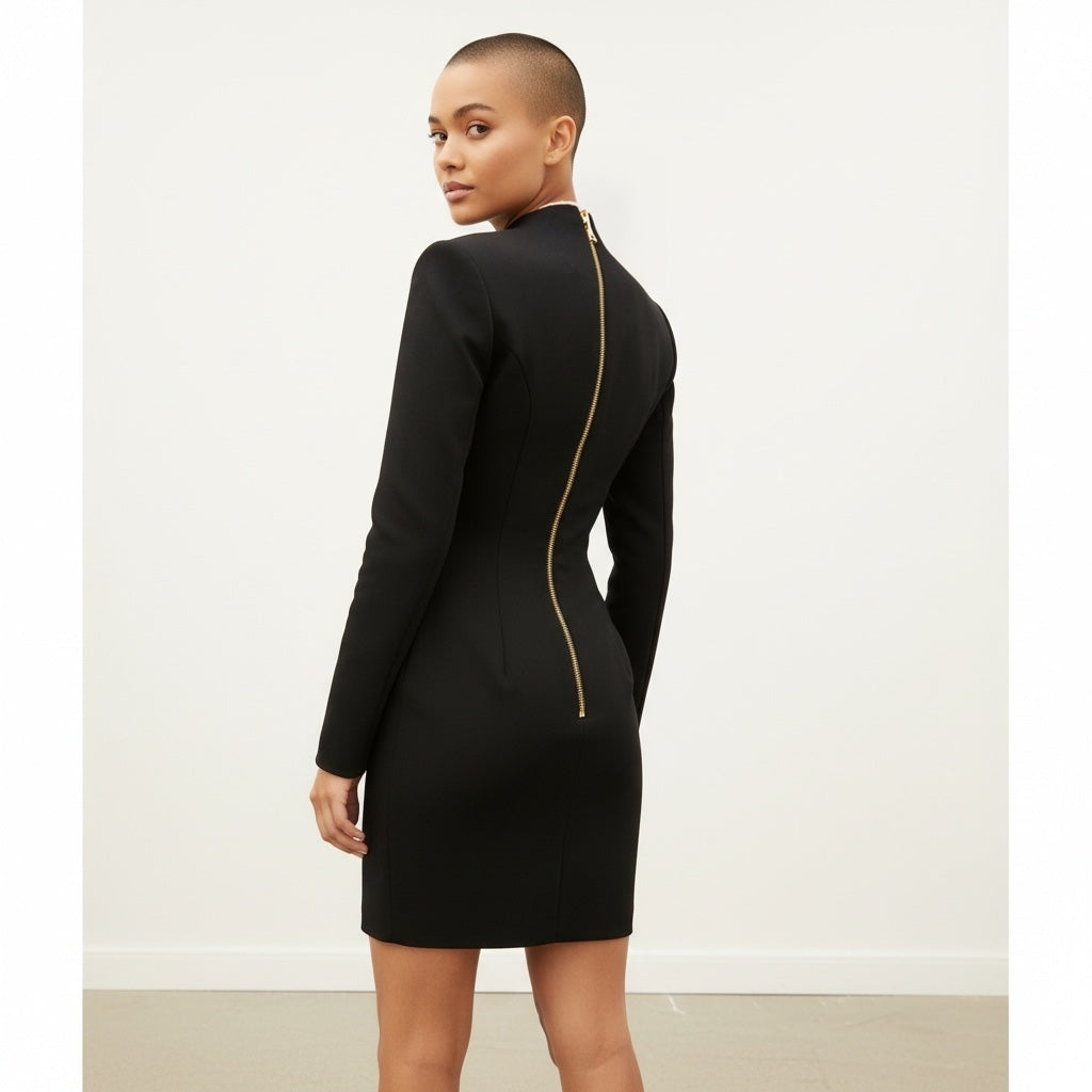 Style Reset Balmain black long sleeve mini dress with exposed gold back zip, viewed from the back on a model.