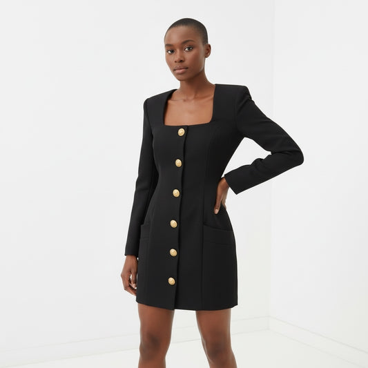 Style Reset Balmain black long sleeve mini dress with square neckline and gold button detailing on a model