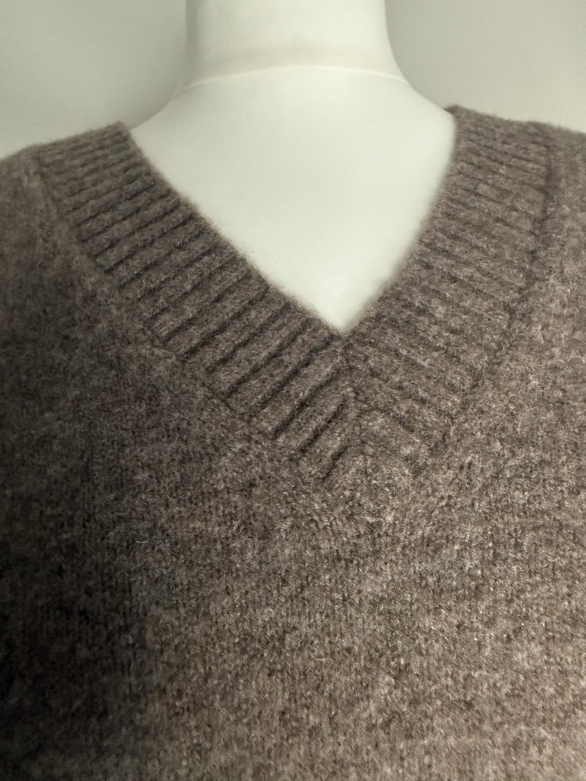 Style Reset earthy brown V-neck knitted jumper with ribbed neckline detail on a mannequin