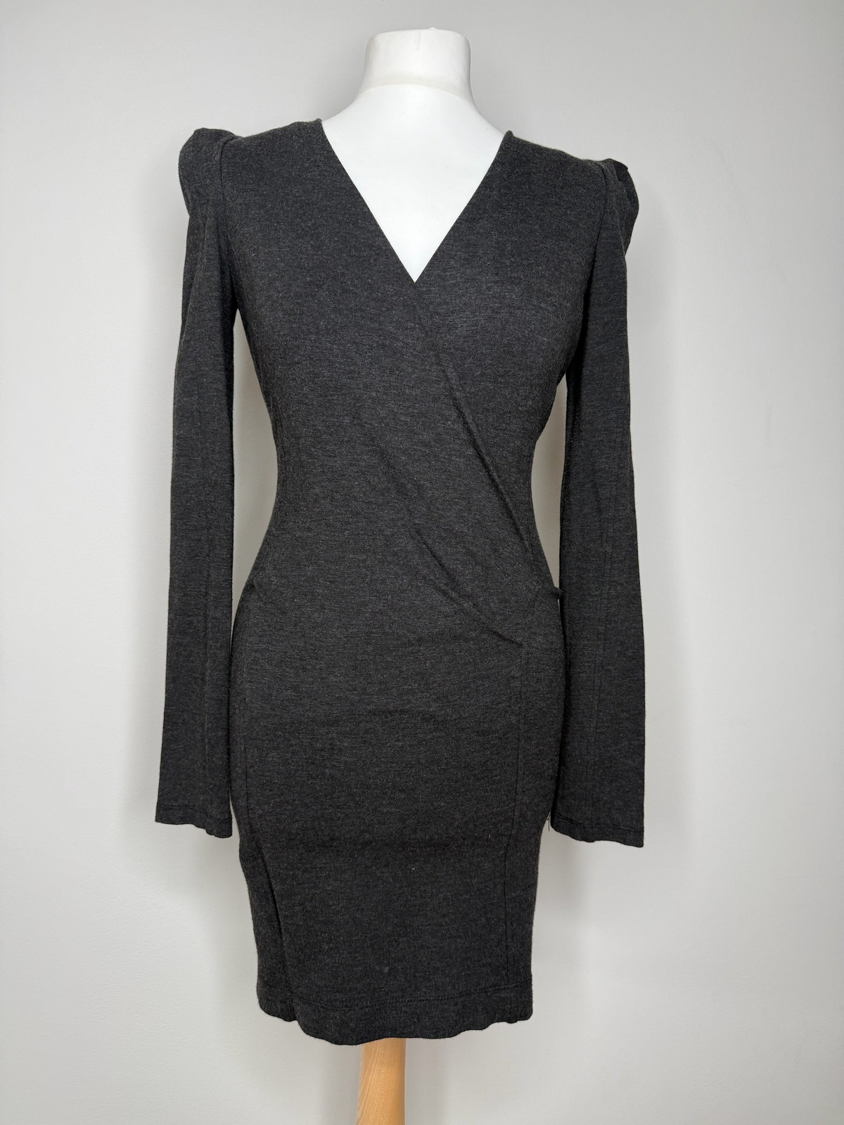 Style Reset FRENCH CONNECTION charcoal grey long sleeve wrap dress with V-neckline and puff-shoulder detail