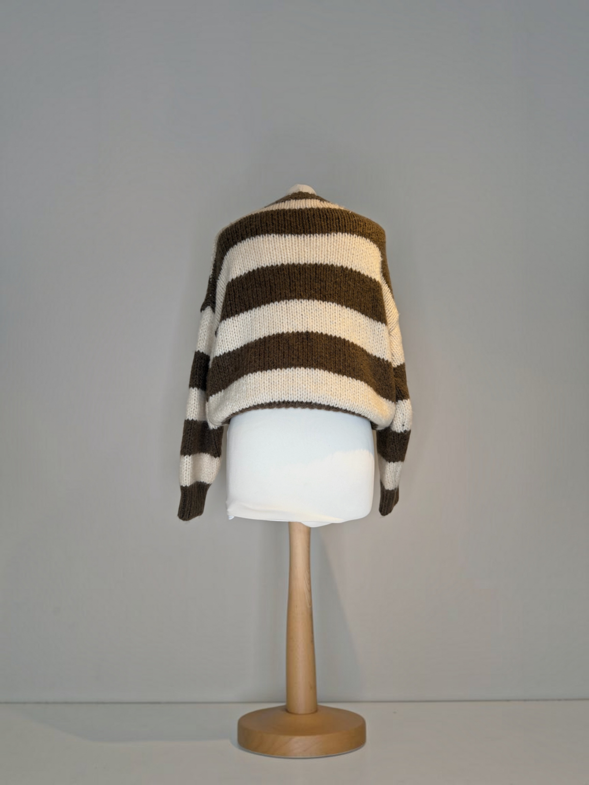 Style Reset chunky knit striped pullover sweater in chocolate brown and cream with a relaxed boxy fit and crew neck.