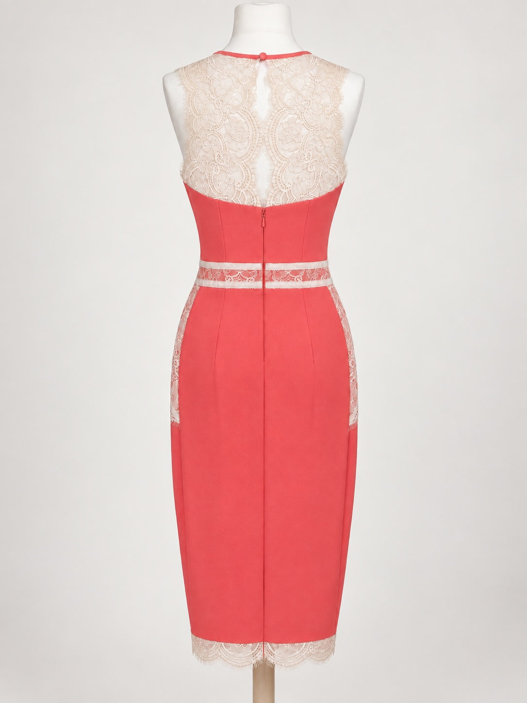 Style Reset Lipsy London coral midi dress with cream lace overlay, halter neck, and back zip fastening.
