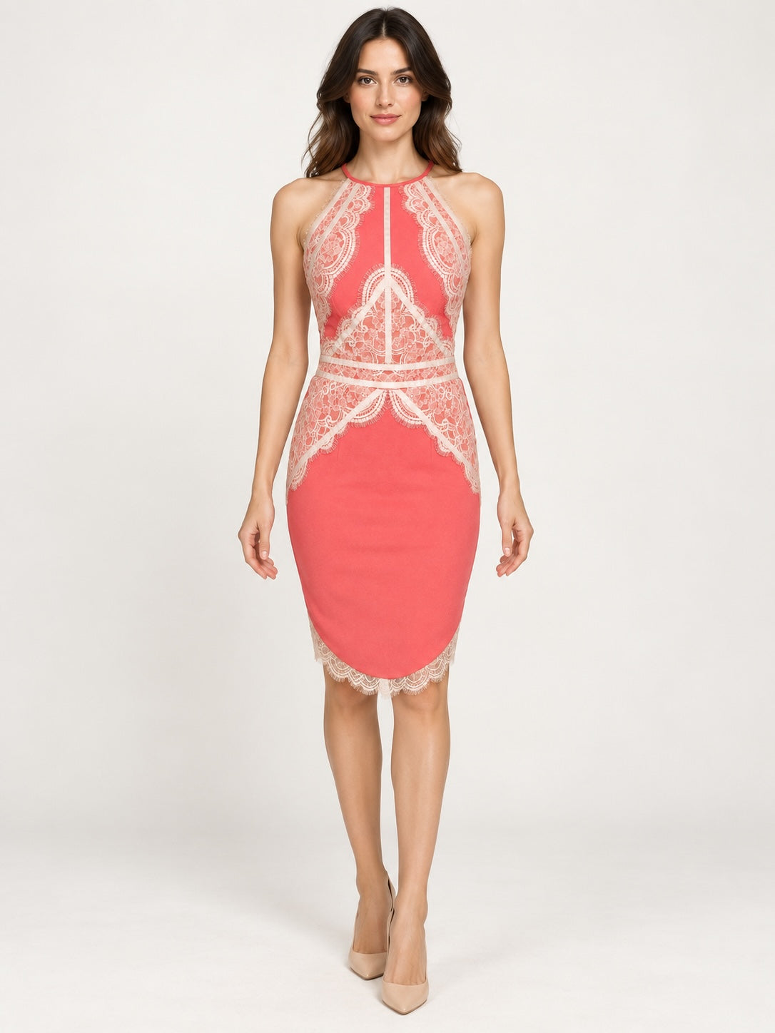 Style Reset Lipsy London coral midi dress with cream lace overlay, halter neck, and form-fitting silhouette.