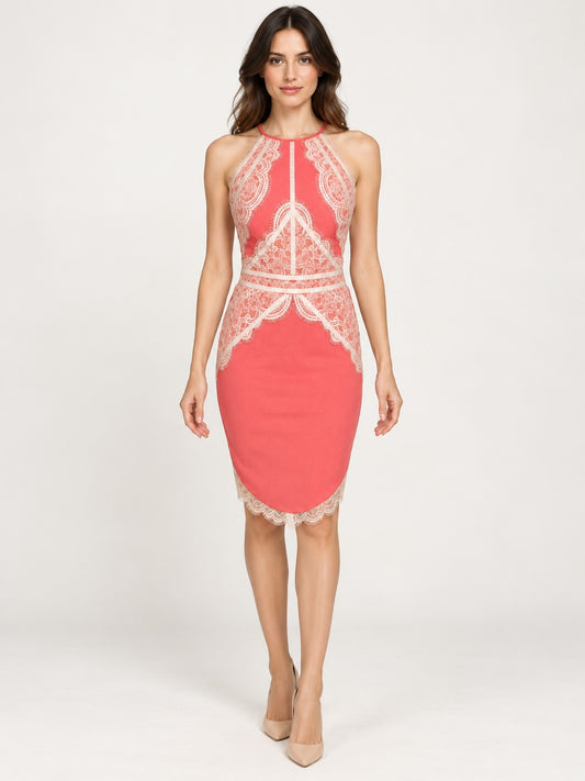 Style Reset Lipsy London coral midi dress with cream lace overlay, halter neck, and form-fitting silhouette.