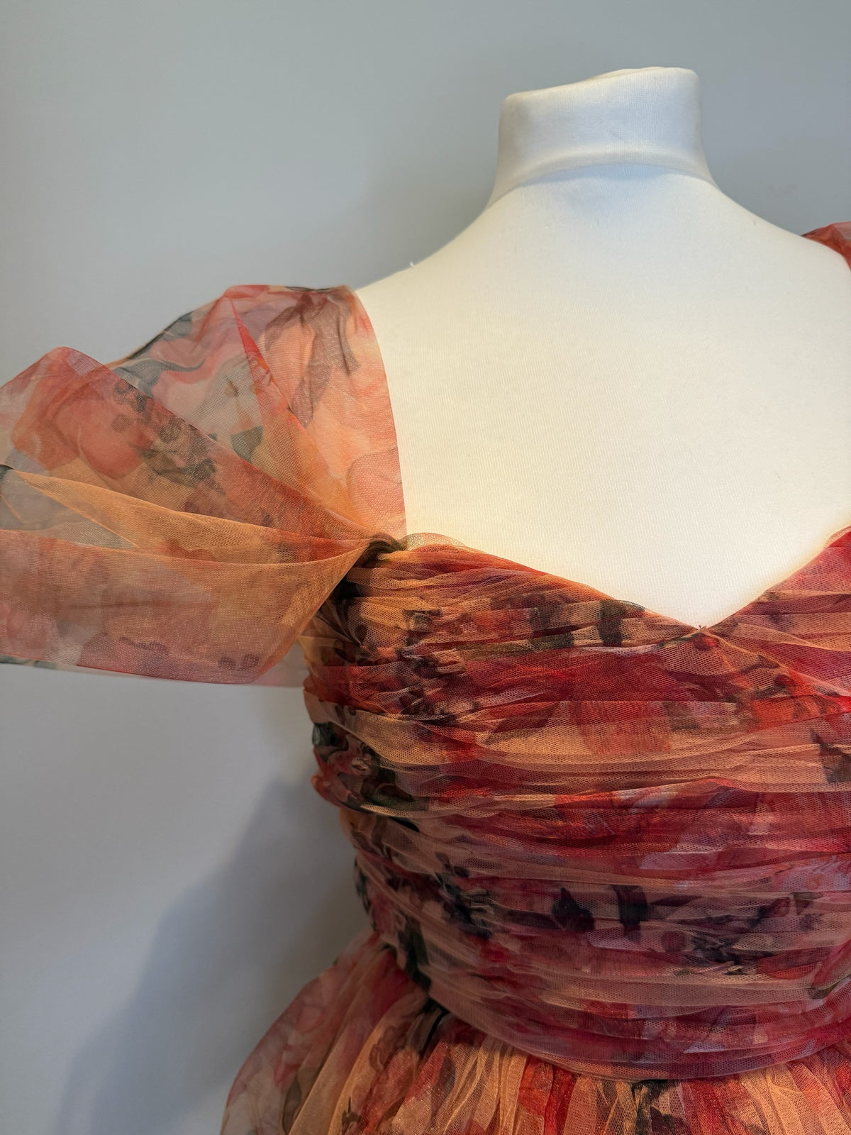 Style Reset floral print organza midi dress with a ruched bodice and sheer off-the-shoulder puff sleeves