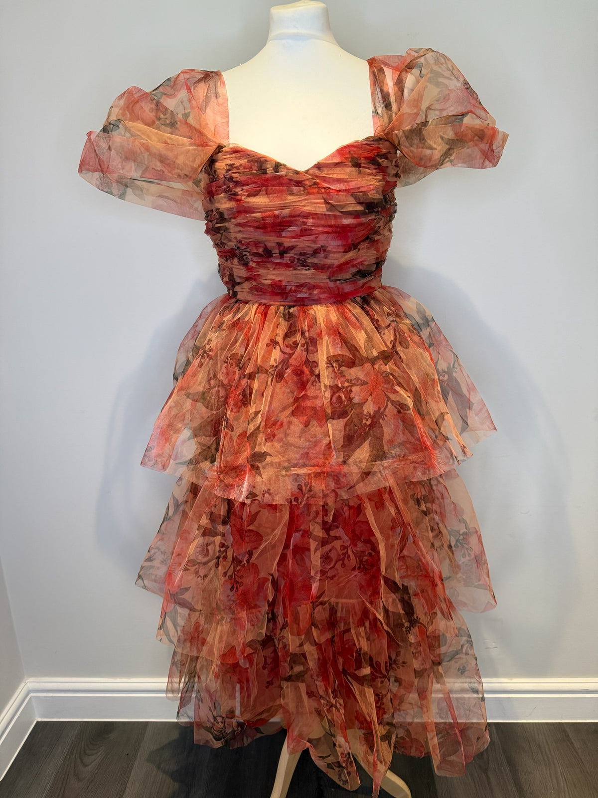 Style Reset floral print organza midi dress with ruched bodice, off-the-shoulder puff sleeves, and tiered skirt.