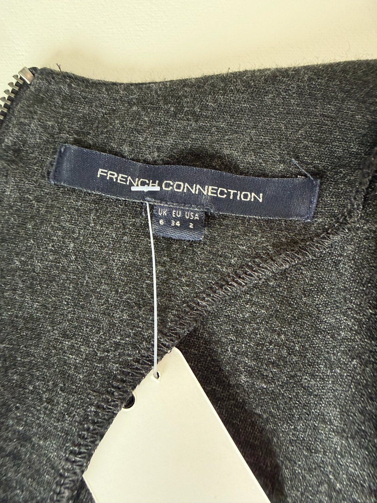 Style Reset French Connection charcoal grey dress label with size 6 tag and back zip detail