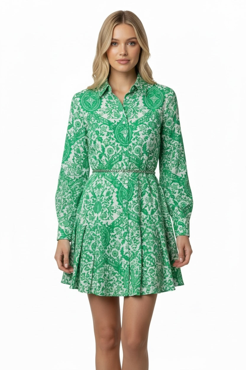 Style Reset green and white paisley print long sleeve shirt dress with a pleated skirt and braided waist tie