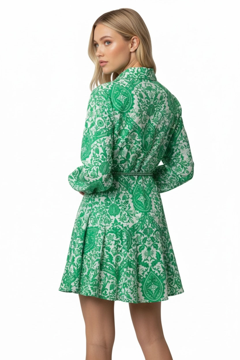 Style Reset green and white paisley print long sleeve shirt dress with a braided waist tie and pleated skirt