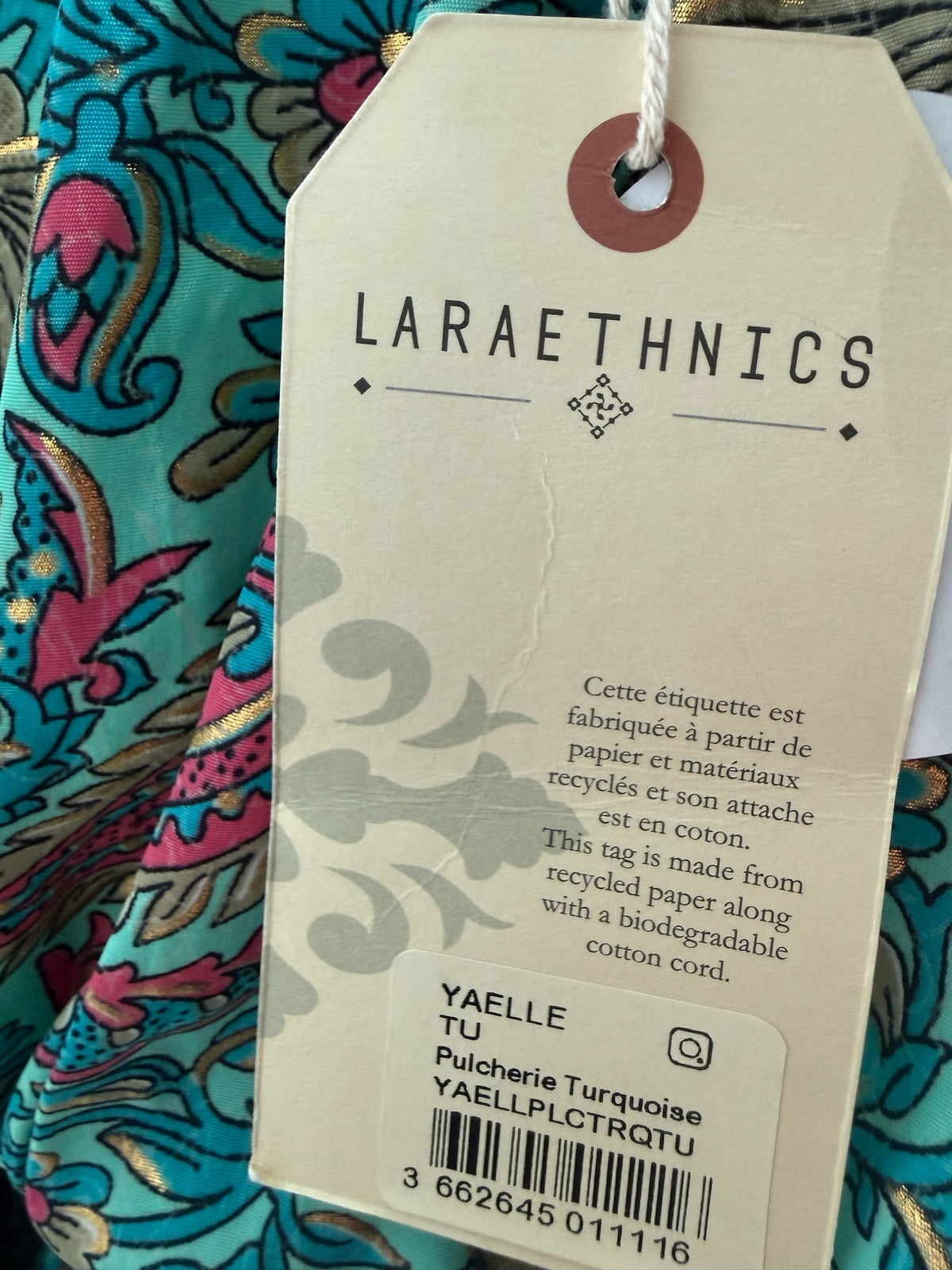 Style Reset Laraethnics Yaelle maxi dress set in turquoise paisley print with gold foil accents and product tag