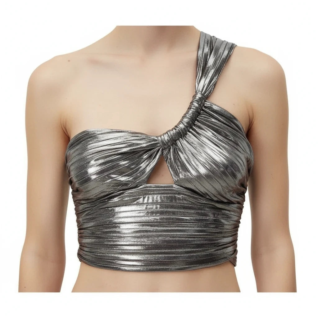 Style Reset metallic silver one-shoulder crop top with ruched pleated fabric, knotted shoulder, and chest cut-out.