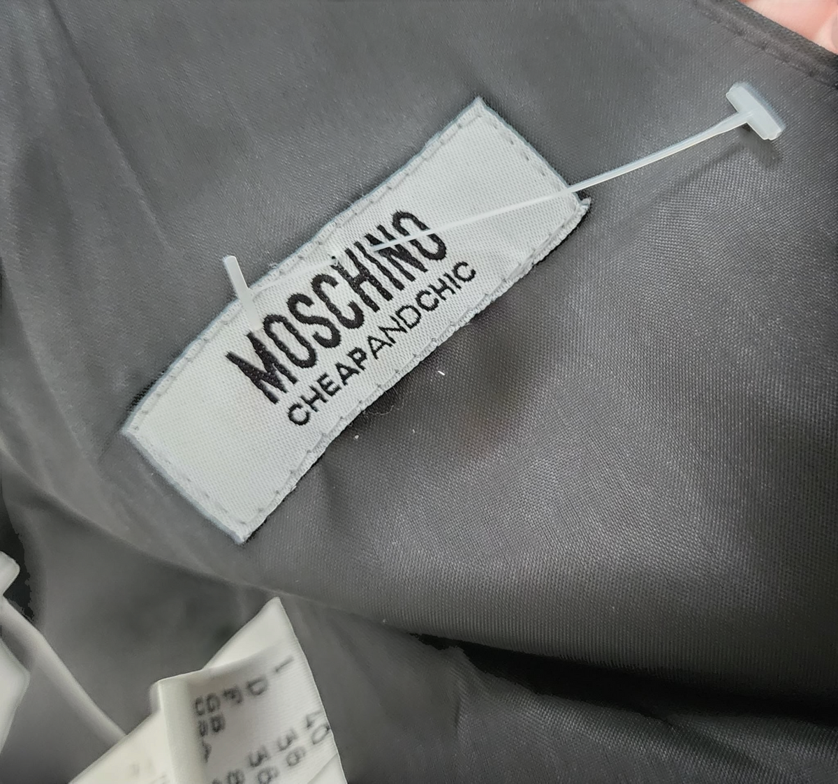 Style Reset Moschino Cheap and Chic black satin midi dress brand label and care tag detail