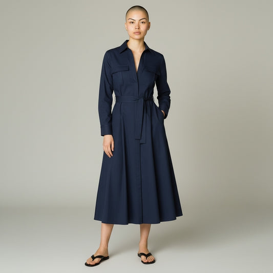 Style Reset navy midi shirt dress with long sleeves, collar, button-down front, and waist tie on a female model.