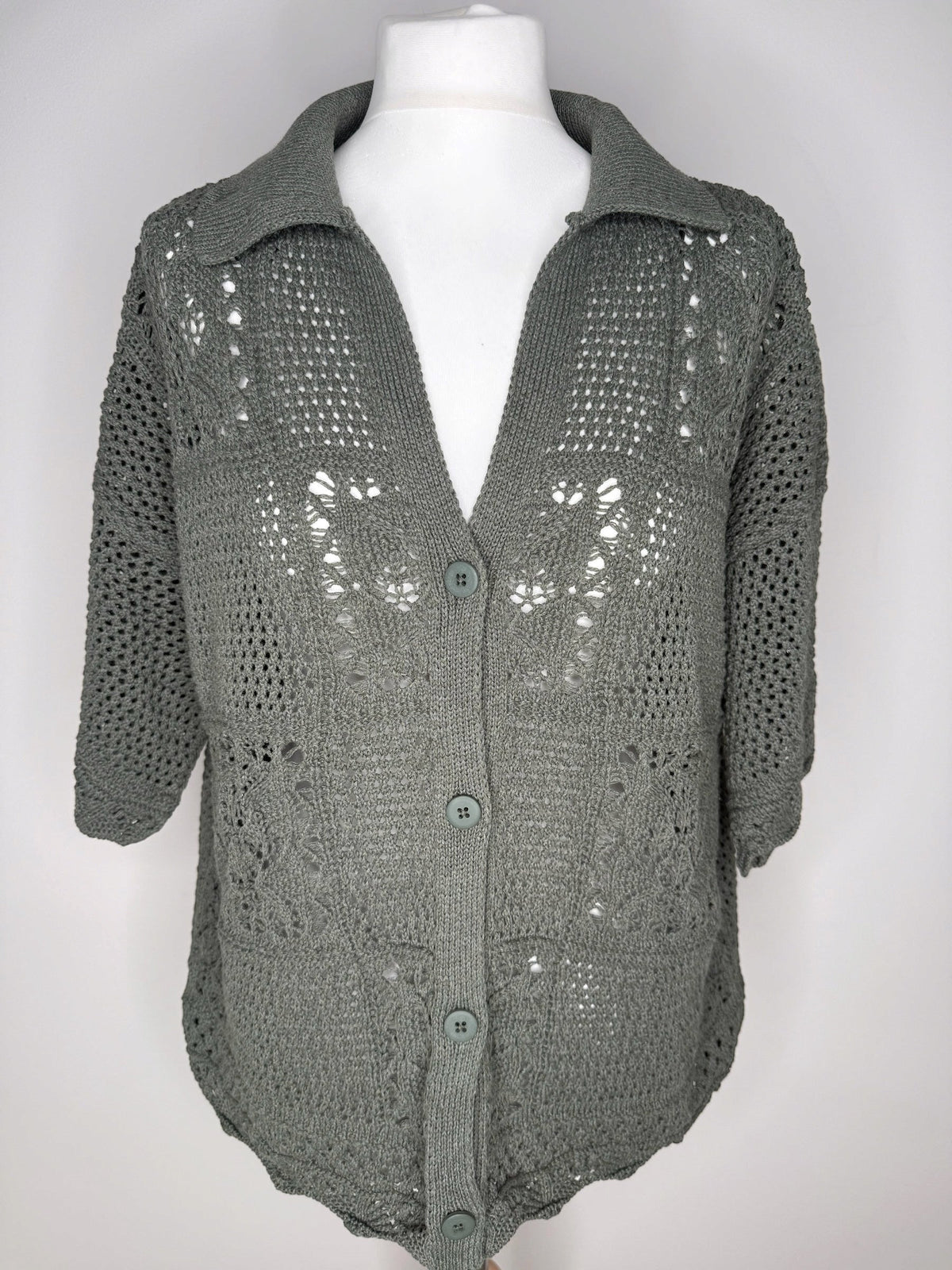 Style Reset olive green open-knit cardigan with a collar, button-down front, and intricate crochet-style detailing.
