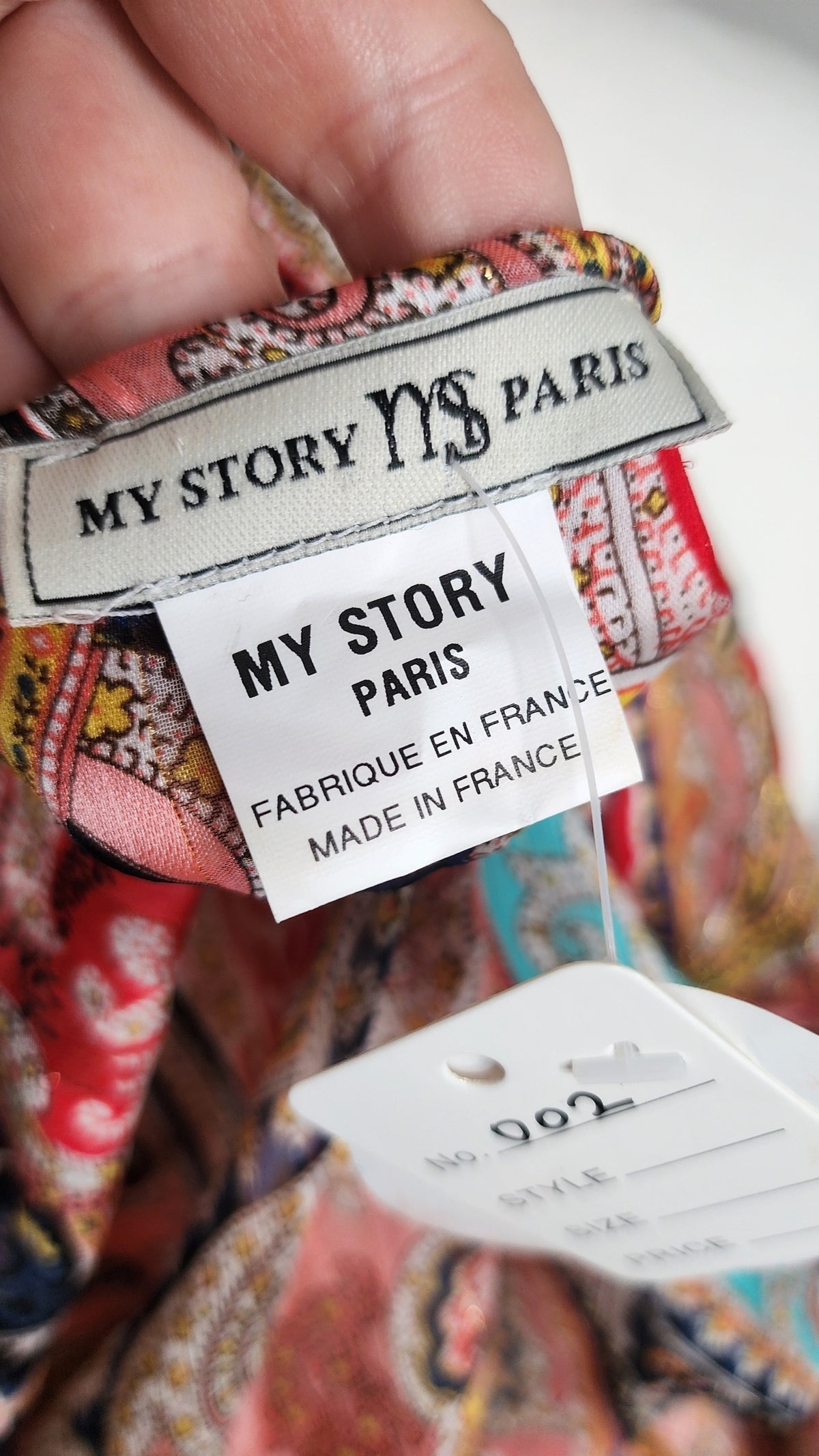 Style Reset paisley print dress label showing My Story Paris branding and Made in France tag