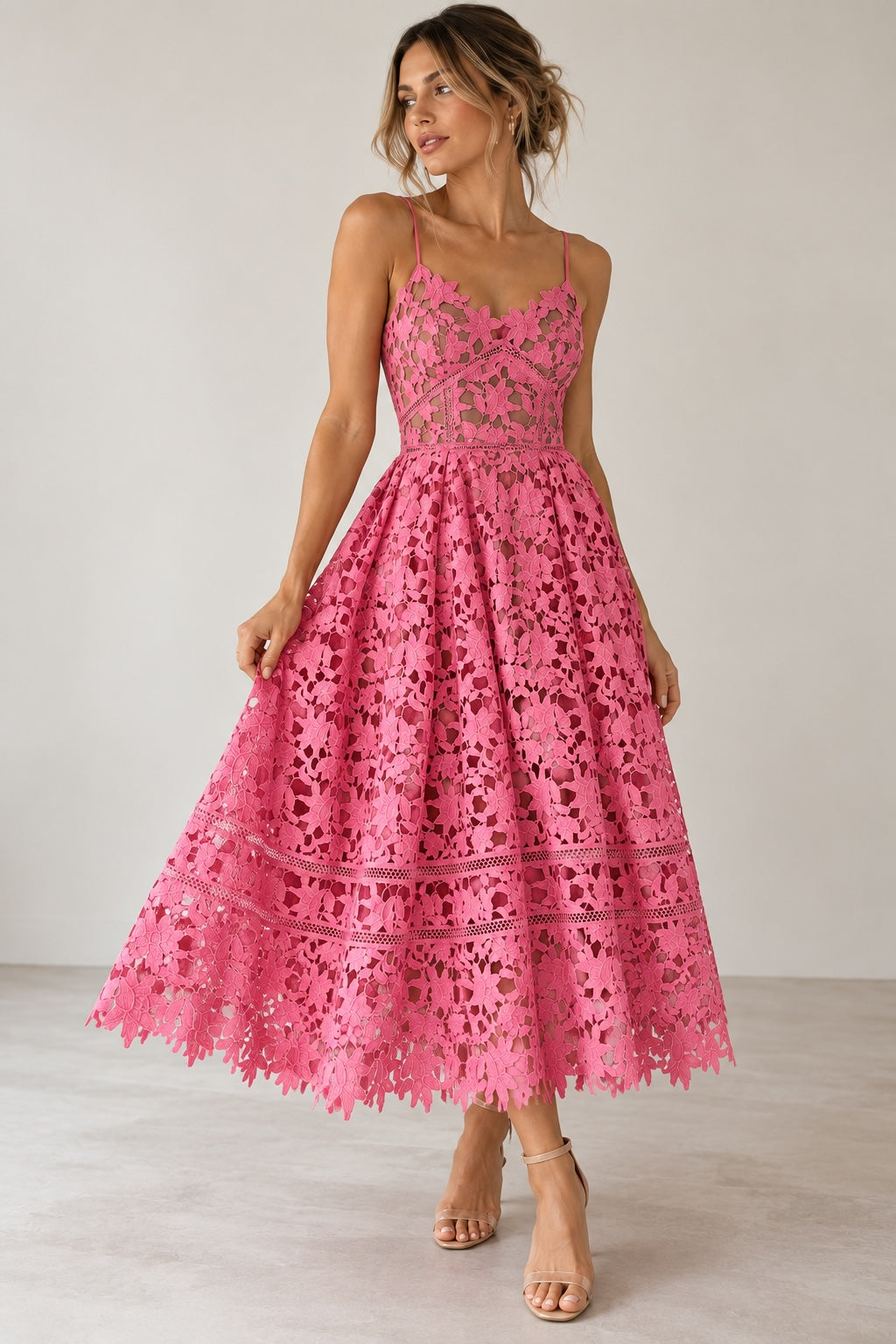 Style Reset vibrant pink floral lace midi dress with spaghetti straps, sweetheart neckline, and flared skirt.